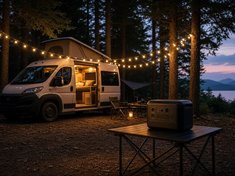 Camper van parked at a campsite with a portable power station