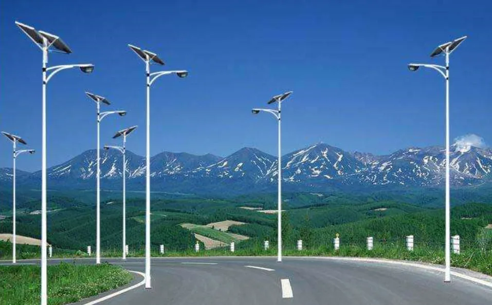 Row of solar street lights powered by LiFePO4 battery packs