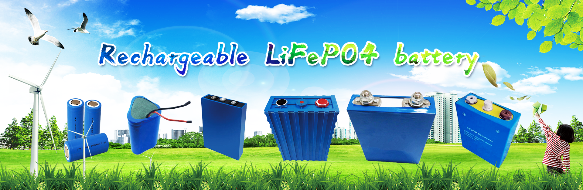 Sunder LiFePO4 battery range banner showing cylindrical and prismatic lithium iron phosphate cells